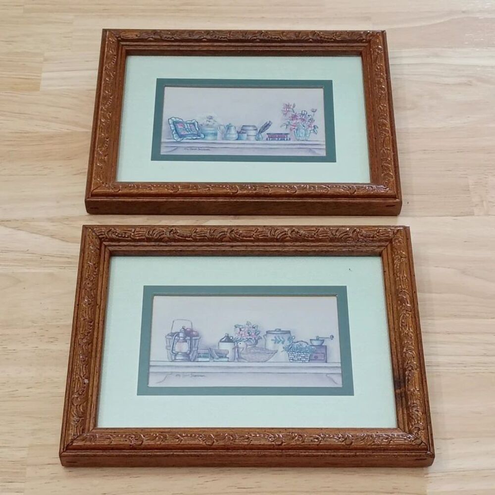 Vintage Wooden Mated Print by Kay Lamb Shannon Set of 2 Wall Hangings